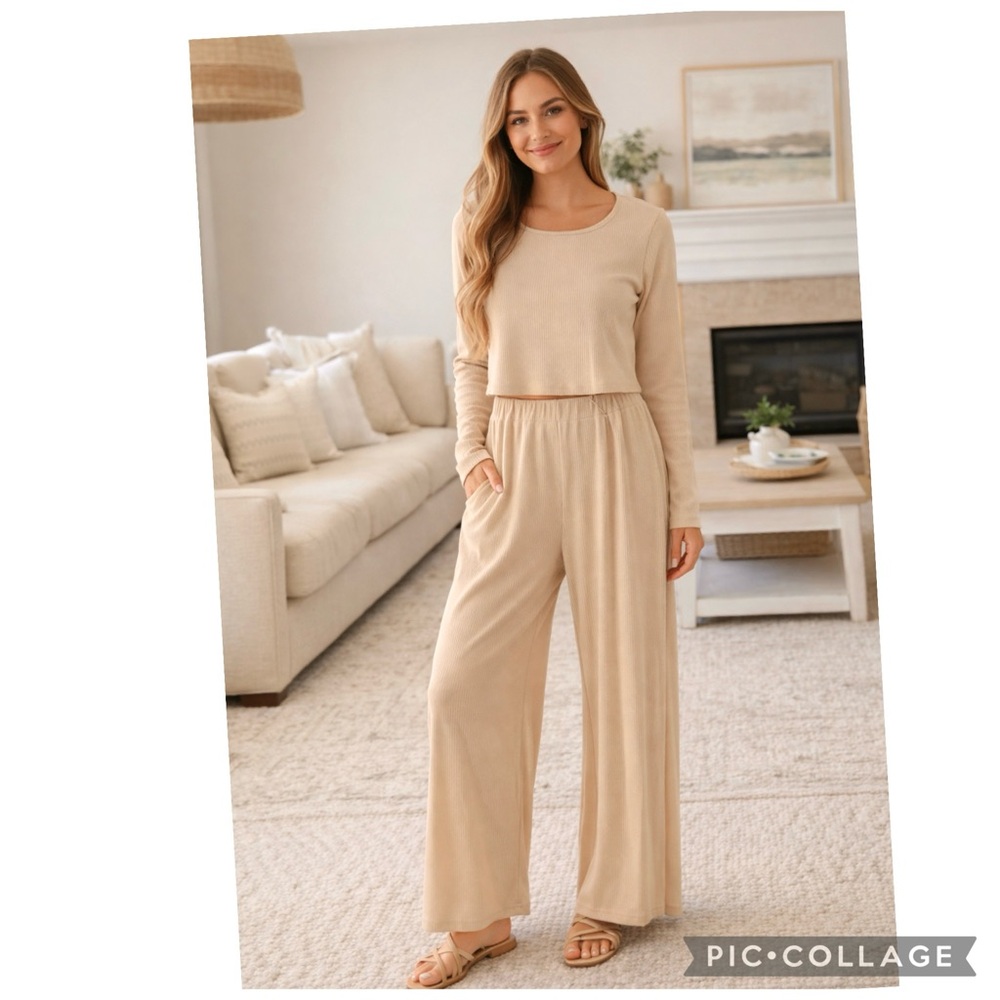 NWT Ekouaer Beige Ribbed Lounge Set Wide Leg Pants 2-Piece Size L
